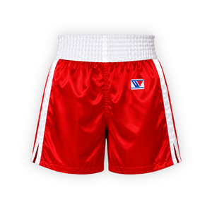 Shorts de boxe professionnels personnalisés, satin rouge, 100 % polyester, imprimés par transfert thermique, séchage rapide, vêtements d'arts martiaux - Product Image 2