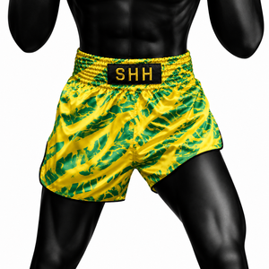 Shorts de Muay Thai SHH jaune et vert à rayures tigrées en satin, unisexe, pour adultes, vêtements de combat - Product Image 3