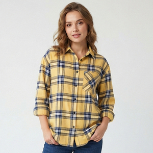 Women's Summer Plaid <b>Flannel</b> Shirt 100% Cotton Long Sleeve Button Collar Quick Dry Eco-Friendly Casual Sleeping Shirt - Product Image 2