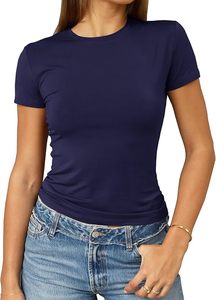 Women's <b>Navy</b> Blue Crew Neck Short Sleeve Slim Fit Cotton Jersey T-Shirt Casual Solid Color Breathable Spring Summer <b>Top</b> - Product Image 6
