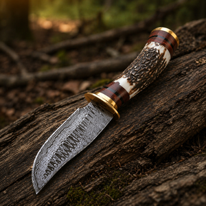 Couteau de camping miniature en acier Damas fait main avec manche en corne et étui en cuir - Lame biseautée - Cadeau pour la fête des pères - Product Image 5