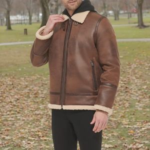 <b>Brown</b> <b>Leather</b> <b>Jacket</b> <b>Men</b> Zip Up Turn Down Collar Sherpa Lined Moto Biker Style Winter Outerwear - Product Image 1