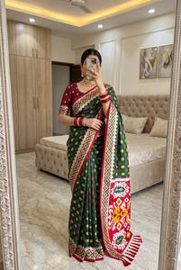 Sari indien tendance vert rose en soie douce de qualité supérieure, motif Patola, tissé Zari, tenue traditionnelle pour mariage, fête et occasions festives - Product Image 3