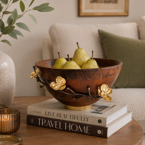 Tazón de servir de madera de acacia artesanal de primera calidad con elegante asa de latón con diseño de orquídea dorada para ensaladas, frutas y como pieza central decorativa para el hogar. - Product Image 2