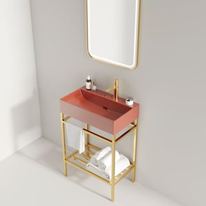 24 \ "Set di vanità da bagno rosso lucido Freestanding consolle lavabo rettangolare in ceramica rubinetto aperto in metallo gambe scaffali di stoccaggio - Product Image 3