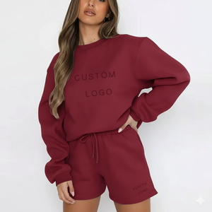 Ensemble sweat-shirt et short d'hiver pour femme, col rond, coupe classique, 100% coton respirant, 2 pièces, style décontracté streetwear - Product Image 5