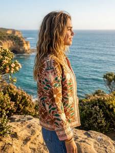 Veste en velours 100% coton tissé brodé Prairie Chic, motif floral, col mandarin, manches longues, respirante, écologique - Product Image 2