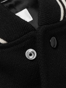 <b>Men's</b> Black Varsity <b>Jacket</b> With <b>White</b> Stripes Stand Collar Button Closure Preppy Style Regular Fit Autumn Wear - Product Image 4