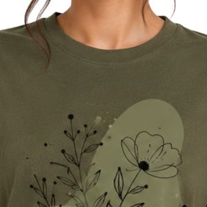 Customized Olive Green Women Crew Neck Floral Graphic Printed T Shirt Casual Soft Breathable Summer Custom OEM Fashion Tee <b>Top</b> - Product Image 5