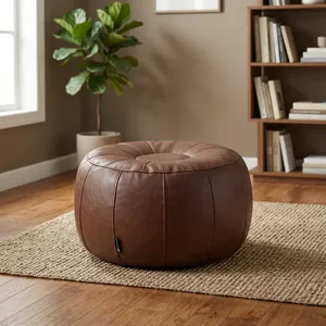Brown Leather Round Pouf Ottoman Tufted Floor <b>Stool</b> Cushioned Footrest for Living Room <b>Bedroom</b> Lounge Home Decor Seating - Product Image 1