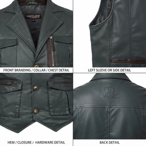 Gilet utilitaire en cuir véritable pour homme avec rembourrage en polyester, veste sans manches multi-poches - Product Image 4