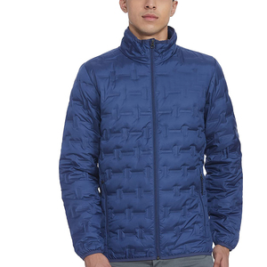 Men's Blue <b>Quilted</b> Puffer <b>Jacket</b> With Geometric Embossed <b>Pattern</b> Stand Collar Zipper Closure Windproof Casual Winter <b>Jacket</b> - Product Image 1