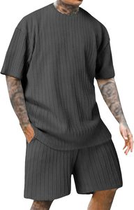 Ensemble deux pièces tricoté décontracté à col rond imprimé couleur unie T-shirt de sport pour homme coupe décontractée - Product Image 3
