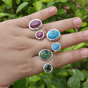18k Silver Plated Brass <b>Adjustable</b> <b>Ring</b> Copper Turquoise Gemstone Bezel Setting Oval Open Band Trendy Unique Women Fashion <b>Rings</b> - Product Image 6
