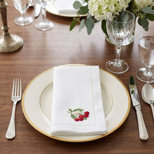 Servilletas de Tela Personalizadas al por Mayor, Bordadas con Diseño de Cereza, con Dobladillo, de Algodón, Reutilizables, para el Hogar, Bodas y Eventos - Product Image 1