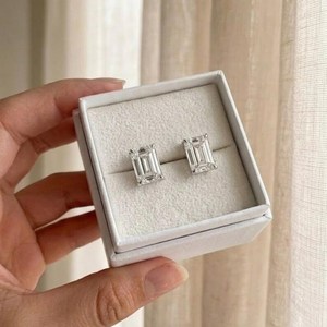 2CT Each <b>Emerald</b> Moissanite Solitaire <b>Stud</b> <b>Earrings</b> 925 Sterling Silver Wedding Party Sparkly Promise Gift For Lovers - Product Image 4