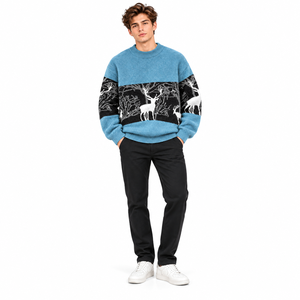 Men’s Blue Deer Jacquard Knit <b>Sweater</b> Winter Crew Neck Long Sleeve Pullover Casual Warm Fashion <b>Sweater</b> - Product Image 1