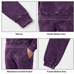 Ensemble de survêtement violet délavé premium pour homme, avec logo 3D en relief personnalisé, sweat à capuche et pantalon de jogging en coton bouclette 400 GSM, effet délavé minéral vintage - Product Image 6