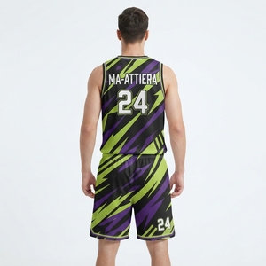 Ensemble de maillot et short de basket-ball personnalisé avec motif éclair noir, vert et violet, uniforme de sport respirant - Product Image 2