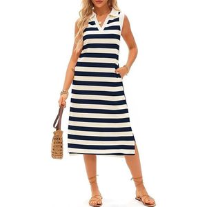 Abito Estivo Casual 2025 con Tasche, Scollo a V, Senza Maniche, a Righe, Vestibilità Ampia, Lunghezza Midi, Blu - Taglia Grande - Product Image 2