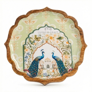 Plateau de service en bois imprimé paon, motif floral, bord festonné, pour thé, collations et décoration intérieure – Meilleures ventes - Product Image 2