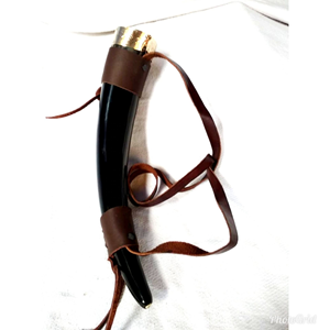 Handmade Natural Viking <b>Drinking</b> <b>Horn</b> Carved with Brass Moulding and Leather Holster Vintage Craft - Product Image 2