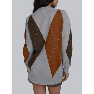 2024 Trendy Queen Oversized Chunky Knit Crewneck Women's <b>Sweater</b> Color Block <b>Argyle</b> Plaid Design Breathable Warm with Front Logo - Product Image 2