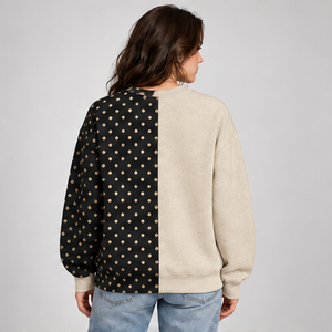 Sudadera Casual de Mujer con Cuello Redondo y Hombros Caídos, Diseño de Puntos Bicolor Beige y Negro, Manga Larga, Estilo Universitario, Venta al por Mayor Personalizada - Product Image 2