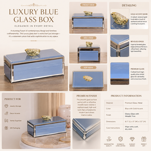 Royal <b>Blue</b> Glass Jewelry Storage Box with Gold Accent Natural Stone Knob Beveled Edges Glossy Finish Decorative Keepsake - Product Image 3
