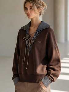 ONETEN APPARELS <b>Women's</b> Brown Lace Up Sweatshirt Denim Turn Down Collar Drop Shoulder Casual Pullover - Product Image 1