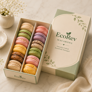 กล่องมาการอง EcoRev บรรจุภัณฑ์กล่องกระดาษแข็งพร้อมริบบิ้น  รักษ์โลก พิมพ์ฟอยล์ทอง  กระดาษอาร์ต รูปทรงสี่เหลี่ยมผืนผ้า - Product Image 4