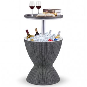 Tavolino da esterno grigio con contenitore per ghiaccio da 8 galloni, effetto rattan, 2 altezze regolabili, con tappo di scarico - Product Image 1