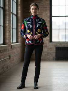 Handmade <b>Navy</b> Blue Suzani Jacket <b>Women</b> Embroidered Cotton <b>Coat</b> Vintage Boho Floral Jacket Traditional Uzbek Style Suzani JACKET - Product Image 2