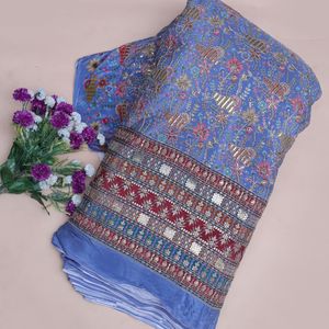 Tela de crepé floral de lentejuelas pesadas color marfil, tejido ligero con bordado, 54 pulgadas, material de borde Daman para Kurtis, túnicas y vestidos Anarkali. - Product Image 4