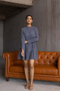 Grey Denim Midi <b>Dress</b> With Stand Collar Long Sleeves <b>For</b> <b>Women</b> Featuring Lightweight Fabric Modern Style Comfortable Fit - Product Image 2