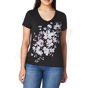 Camiseta de Manga Corta con Cuello en V y Estampado Floral 100% Negro, Estilo Casual, Corte Regular, para Primavera/Verano - Product Image 4