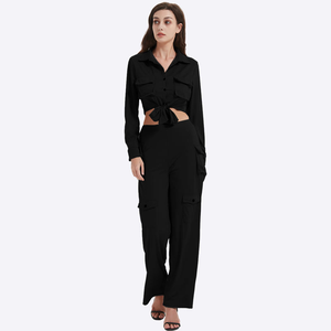 Women Black Full Length Cargo <b>Pants</b> Set Casual Solid Color Long Sleeve Shirt With Knot Detail Turn-<b>down</b> Collar Spring Style - Product Image 6