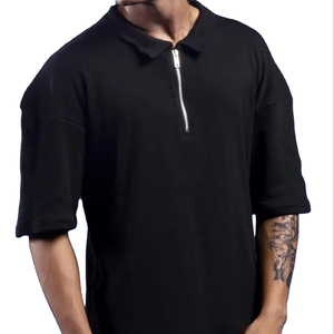 T-shirt Homme Premium Noir Demi-Zip Coupe Oversize Streetwear Manches Courtes Tricot Côtelé Décontracté Style Minimaliste Moderne - Product Image 1