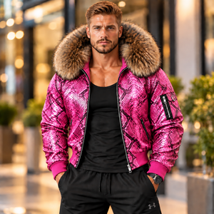 <b>Men's</b> Exotic Python Leather Zip-Up Jacket with Fox Fur Hood Premium Streetwear <b>Coat</b> | Herren Lederjacke | Chaqueta Hombre Cuero - Product Image 5