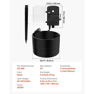 Multipresa da Esterno con Cavo di Prolunga da 15 Metri, 6 Prese 15A, Copertura Impermeabile e Protezione da Sovraccarico - Product Image 3