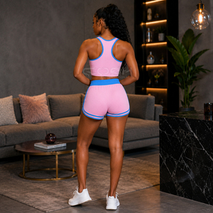 Ensemble de soutien-gorge de sport et short Cosh International Sorority Sisterhood, rose et bleu, à blocs de couleur, coupe régulière, respirant, tricoté, 2 pièces - Product Image 4