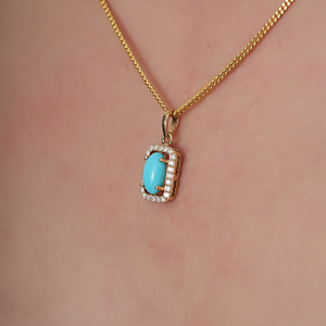 Minimal Design Oval Shape Turquoise & Round Cut Diamond Simple Halo <b>Pendant</b> Fine 14K <b>Solid</b> Yellow <b>Gold</b> Everyday Girls Jewelry - Product Image 4