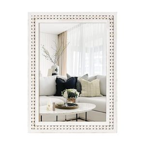 White Beaded Decor <b>Mirror</b> Rectangular <b>Wall</b> <b>Mirror</b> Vintage Decorative Hanging <b>Mirror</b> <b>for</b> Living Room Bedroom - Product Image 1