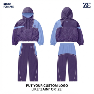 Premium 120 GSM Polyester <b>Men</b> Windbreaker <b>Suit</b> <b>Purple</b> Blue Contrast Panel Hooded Custom Sublimation Print Logo Tracksuit - Product Image 1