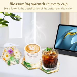 Posavasos hexagonales de resina - Posavasos de cristal con flor y lámina dorada para escritorio, flor blanca - Product Image 3