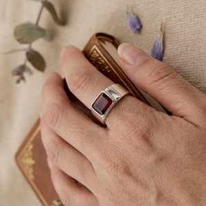 Emerald Cut <b>Garnet</b> Signet <b>Ring</b> 925 Silver Mens <b>Ring</b> Minimalist Bezel Set Red Stone Band Custom Wedding <b>Ring</b> - Product Image 5