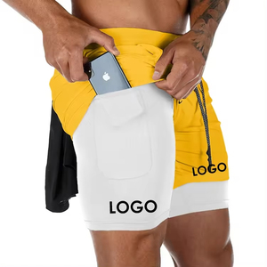 Shorts de sport bleu-noir pour homme avec poches, taille à cordon de serrage, séchage rapide, vêtements de sport, longueur mi-cuisse, couleur unie, logo imprimé - Product Image 2