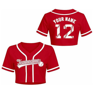 Women's <b>Red</b> Color Baseball Team Jersey <b>Crop</b> <b>Top</b> Personalized Name Number Softball Shirt Button Down V-Neck Short Sleeve - Product Image 4