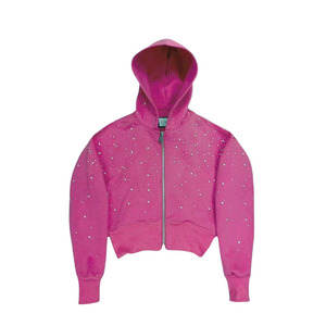 Sudadera con capucha corta personalizada de moda con estampado de puntos brillantes y pedrería, corte regular, unisex, con cremallera frontal, de forro polar, para uso casual. - Product Image 1