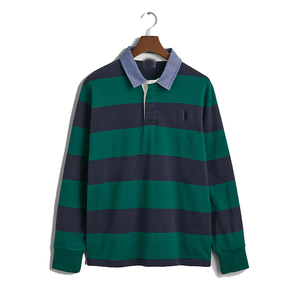 Chemise polo en coton thermique à col brodé surdimensionné à imprimé vintage, chemise à manches longues à rayures de style rugby pour homme - Product Image 1